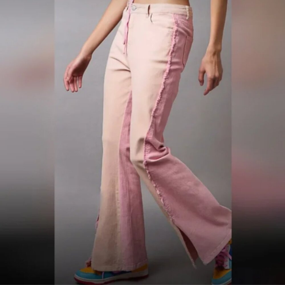 NEW POL Clothing Flare Jeans Raw Hem Pink Twill Denim Pants Stretch 2 tone S,M,L